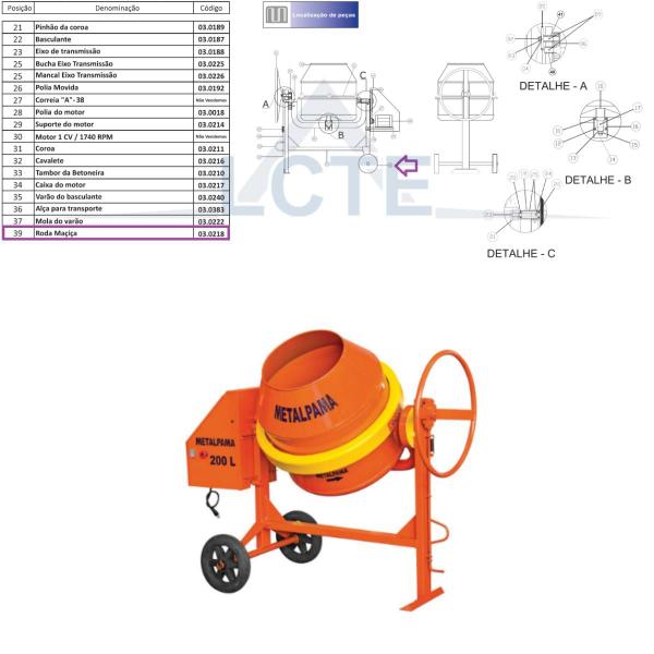 Imagem de 2 Unid Rodas Maciça Betoneira BM 200L C/ Redutor - Metalpama