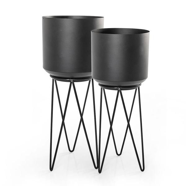 Imagem de 2 vasos cachepot metal com suporte preto fosco gourmet mix