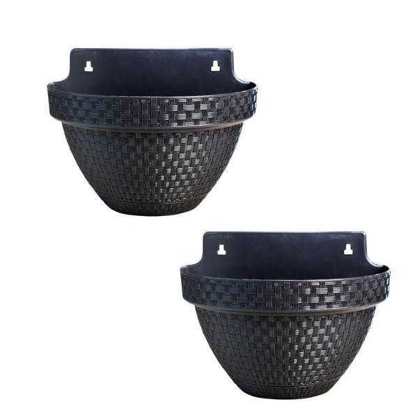 Imagem de 2 Vasos De Parede Rattan 3 Litros Para Jardim Varanda Preto