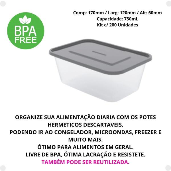 Imagem de 200 Pote Plástico Marmita Fitness 750Ml Prática Preta