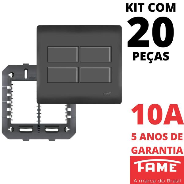 Imagem de 20un Interruptor Simples 4 Teclas 10A Com Placa 4x4 Habitat Black FAME