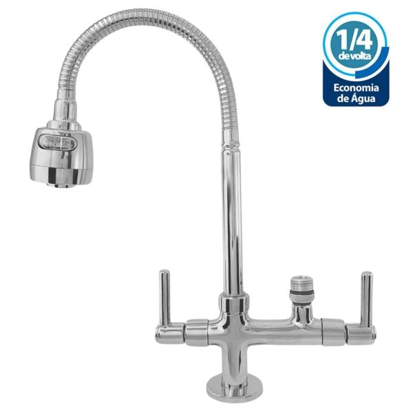 2142 C80 Torneira Gourmet Cromada Para Bancada Pia Cozinha Para Filtro 1/4 ou Purificador 1/2 Com Tubo Flexível Giratório Chuveirinho - Mundi Metais Sanitários
