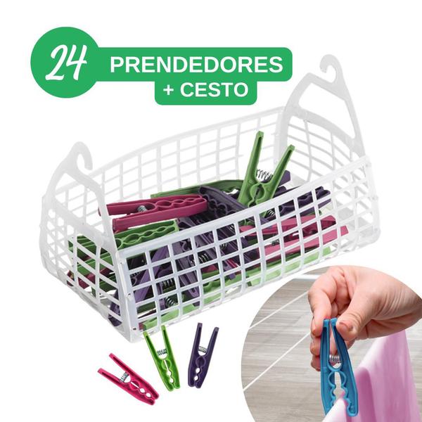 Imagem de 24 Prendedor Prendedor de Roupa + Cesto Para Prendedores de Plástico Com Alça