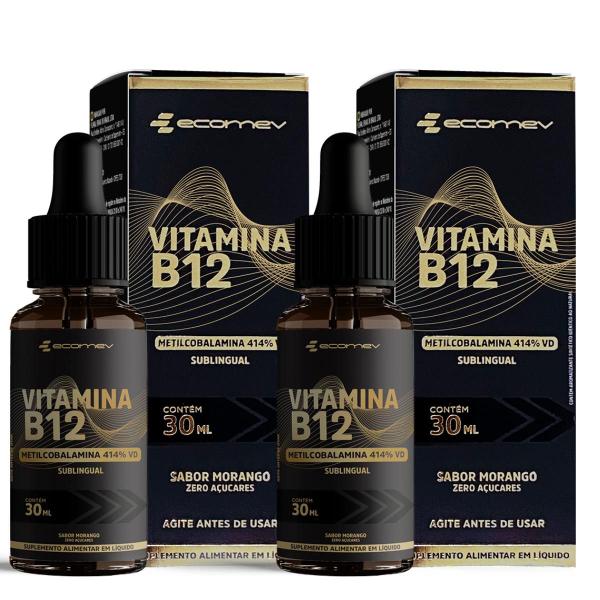 Imagem de 2Caixas B12 Metil Gotas Sublingual 414%vd Sabor Morango 30ml (1 Gota ao dia) Ecomev