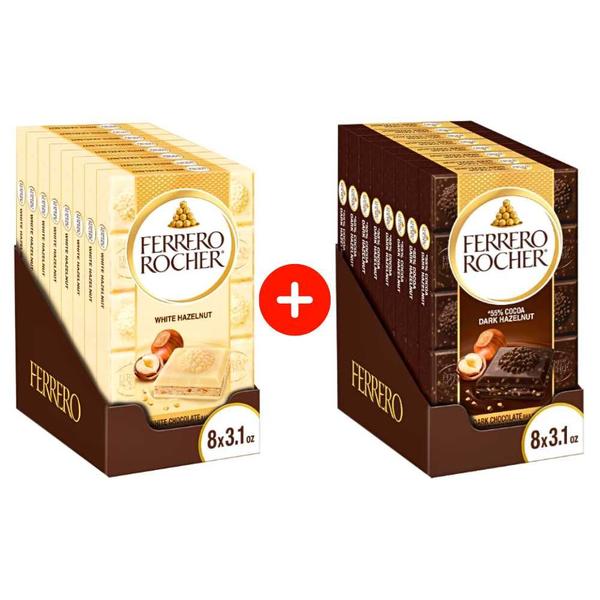 Imagem de 2cx Barra Chocolate FERRERO ROCHER 90g  Branco+Dark 8un Cada