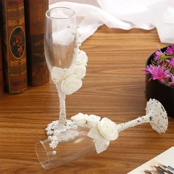 Imagem de 2pcs /Set Wedding Glass Creative Pearl Flower Crystal Wedding Champagne Glasses Taças de Vinho