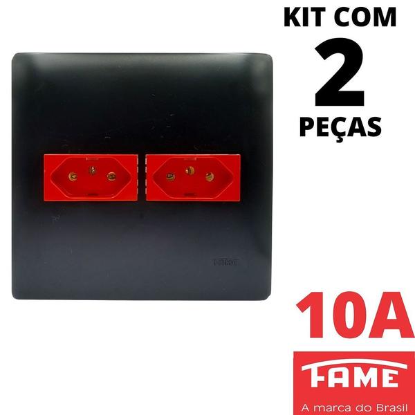 Imagem de 2un Tomada Padrão Dupla 2P+T 10A 4X4 Vermelha Com Placa Habitat Black FAME