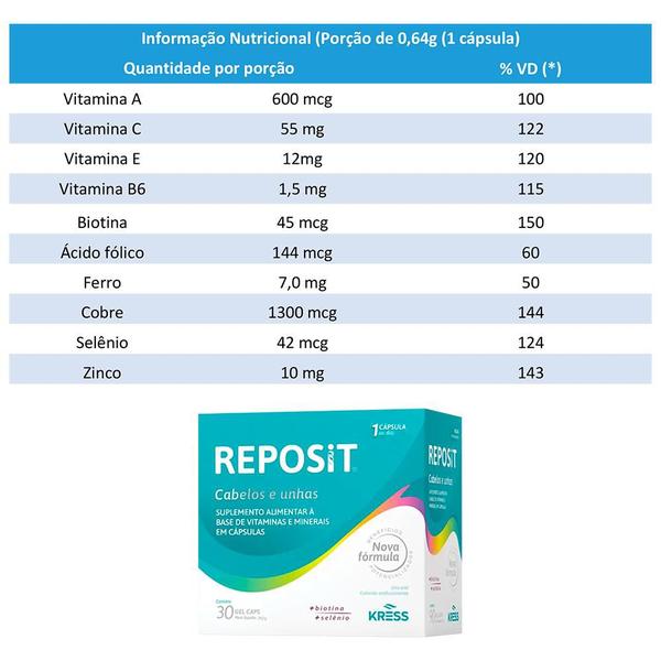 Imagem de 2x Reposit suplemento vitamínico e mineral para cabelos unhas e pele 30 gel caps kress