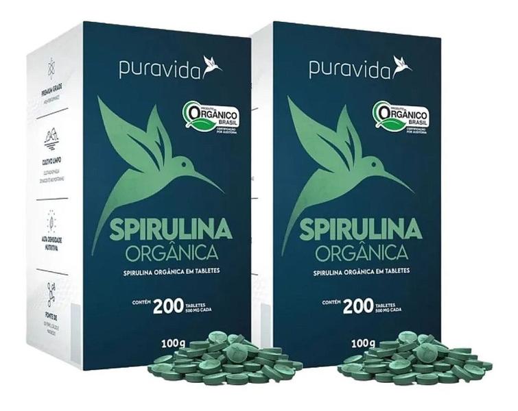 Imagem de 2x Spirulina Orgânica 500mg 200 Tabletes Puravida