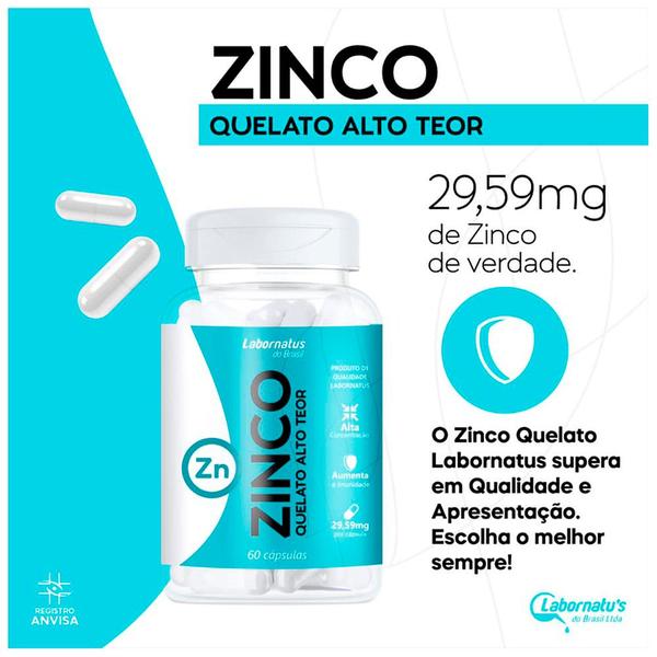 Imagem de 2x Suplemento Alimentar Zinco Quelato 29,59mg 60 cápsulas Labornatus