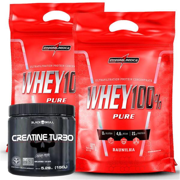 2x Whey 100% Integralmédica 900g + Creatina Turbo Black Skull 150g Imagem de 2x Whey 100% Integralmédica 900g + Creatina Turbo Black Skull 150g