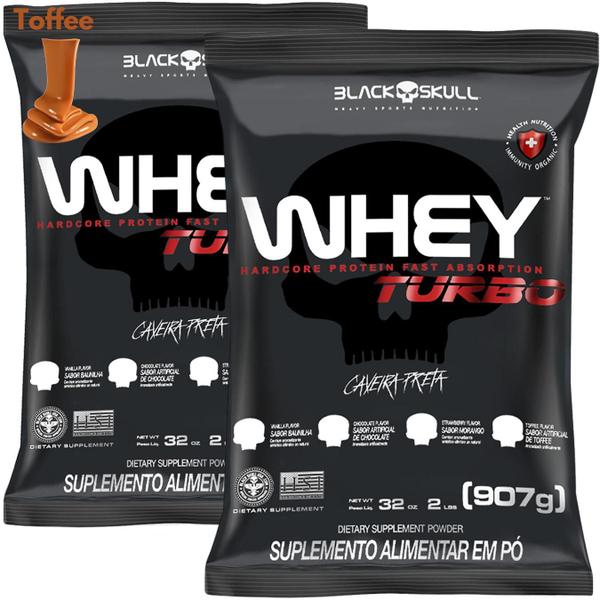 Imagem de 2x Whey Protein Concentrado Turbo Refil 907g - Kit 2X Black Skull - Ganho de Massa Muscular 