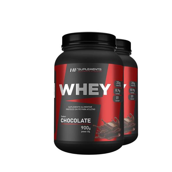 2x whey protein de chocolate 900g hf suplements proteina + scoop Imagem de 2x whey protein de chocolate 900g hf suplements proteina + scoop