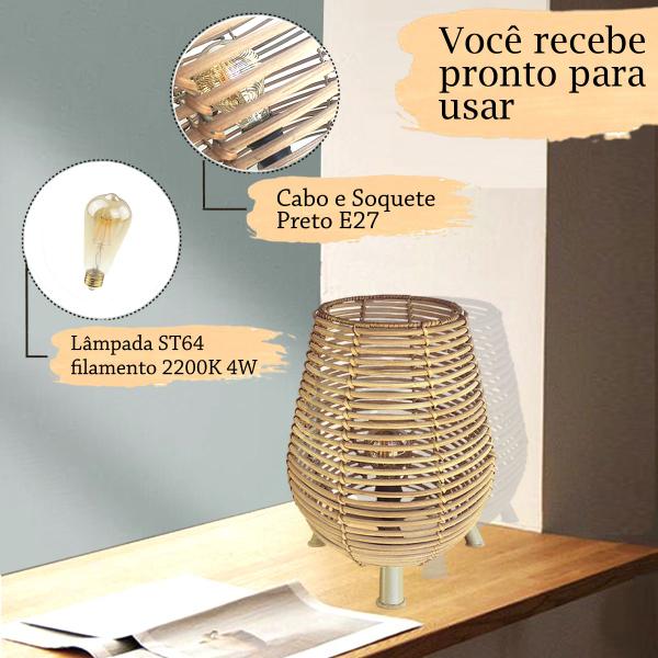 Imagem de 3 Abajur Rattan Fibra Natural Mesa Lanterna Nat68 + Led