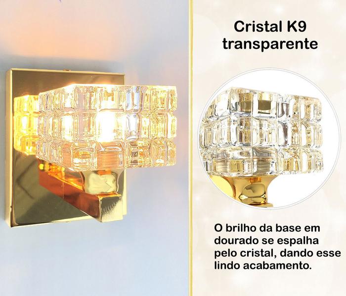 Imagem de 3 Arandela De Cristal Dourado Polido Cabeceira Bet39 + Led