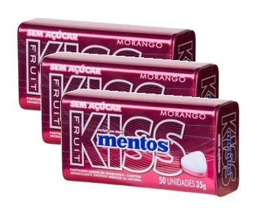 Imagem de 3 Bala Kiss Mentos Sabor Morango Sem Açúcar 50 unidades 35g