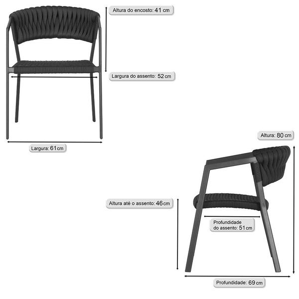 Imagem de 3 Cadeiras Atenas Tricô Náutico e Alumínio com Proteção UV para Varanda, Cozinha, Área, Jardim - Pintura Preto