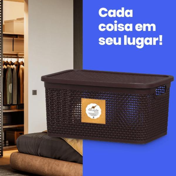 Imagem de 3 Caixas/Cestos com Tampa Tabaco 15L Organizador Multiuso Empilhável Rattan Premium