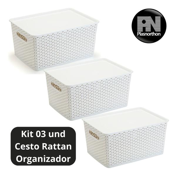 Imagem de 3 Caixas Organizadoras Com Tampa Grande 15 Lts Rattan Branco