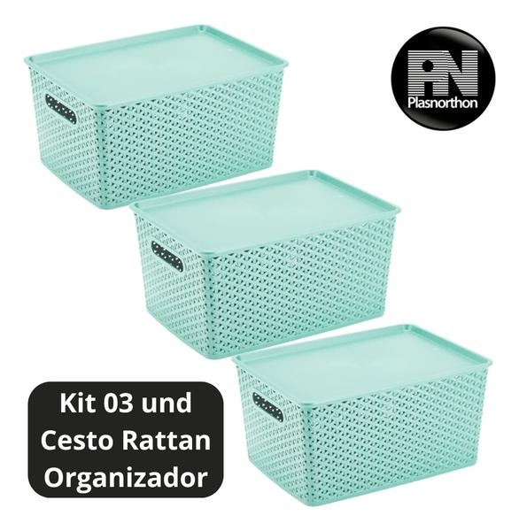 Imagem de 3 Caixas Organizadoras Com Tampa Grande 15 Lts Rattan Verde