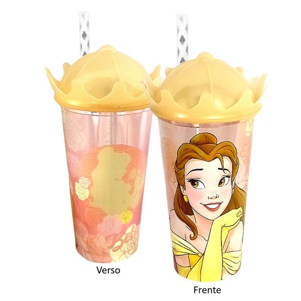 Imagem de 3 Copos Shake 500ml Plasútil Canudo e Coroa Princesas Disney p/ Meninas