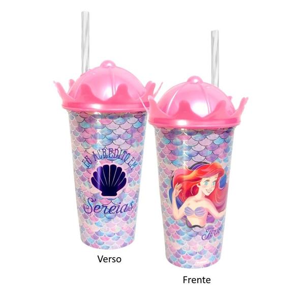 Imagem de 3 Copos Shake 500ml Plasútil Canudo e Coroa Princesas Disney p/ Meninas