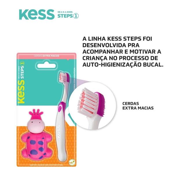 Imagem de 3 Escovas Dentais Rosa Infantil Steps c/ Capa Protetora Kess