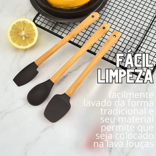 Imagem de 3 Espátulas Ponta de Silicone Cabo de Bambu Coloridas Uso Profissional e Amador