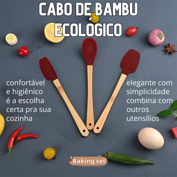 Imagem de 3 Espátulas Ponta de Silicone Cabo de Bambu Coloridas Uso Profissional e Amador