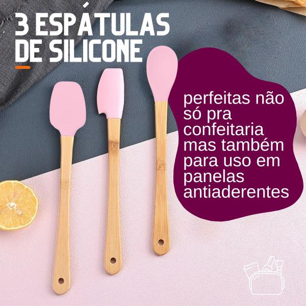 Imagem de 3 Espátulas Ponta de Silicone Cabo de Bambu Coloridas Uso Profissional e Amador