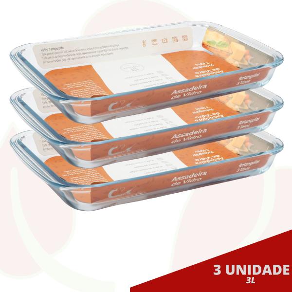 Imagem de 3 Forma de Vidro Retangular 3L Forno Sobremesa Mesa Posta Assados