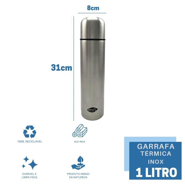 Imagem de 3 Garrafa Térmica Aço Inox Premium 1L Portátil Viagem Água