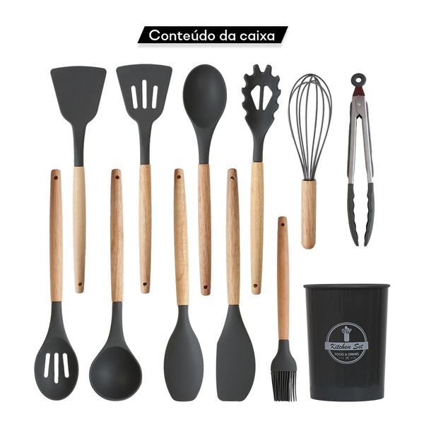 Imagem de 3 Kit Talheres Silicone Cabo de Madeira Copo Suporte Cinza