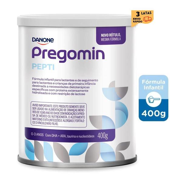 3 latas Pregomin Pepti - Fórmula infantil em pó Danone- 400gr Imagem de 3 latas Pregomin Pepti - Fórmula infantil em pó Danone- 400gr