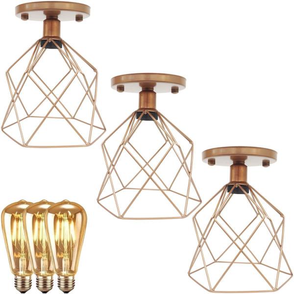 Imagem de 3 Lustre Teto Plafon + 3 Lâmpada Led St64 Industrial Aramado Cálice Retrô Vintage Cobre Rose Gold