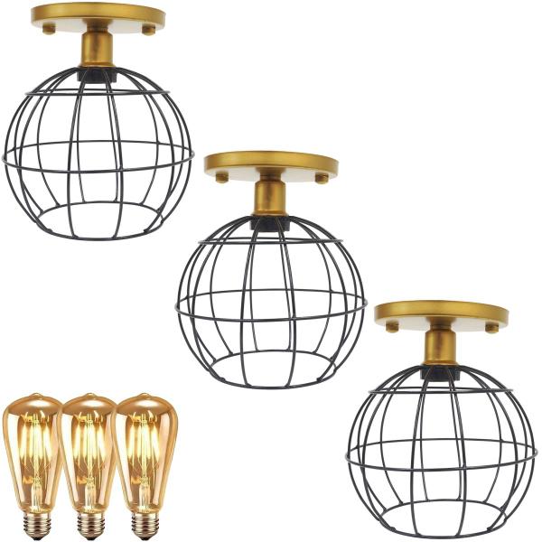 Imagem de 3 Lustre Teto Plafon + 3 Lâmpada Led St64 Industrial Aramado Globo Retrô Luminária Vintage