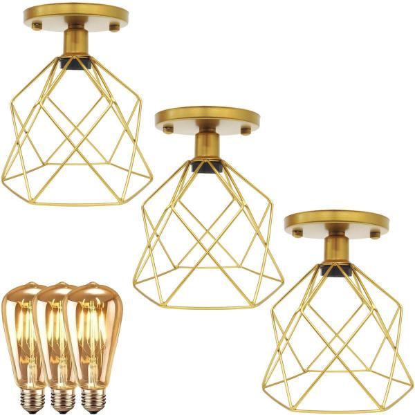 Imagem de 3 Lustres Teto Plafon + 3 Lâmpadas Led St64 Industrial Aramado Cálice Retrô Vintage Dourado