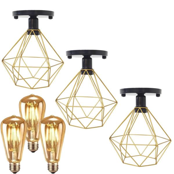 Imagem de 3 Lustres Teto Plafon + 3 Lâmpadas Led St64 Industrial Aramado Diamante Dourado Retrô Vintage Preto