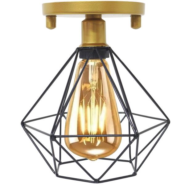 Imagem de 3 Lustres Teto Plafon + 3 Lâmpadas Led St64 Industrial Aramado Diamante Preto Retrô Vintage Dourado