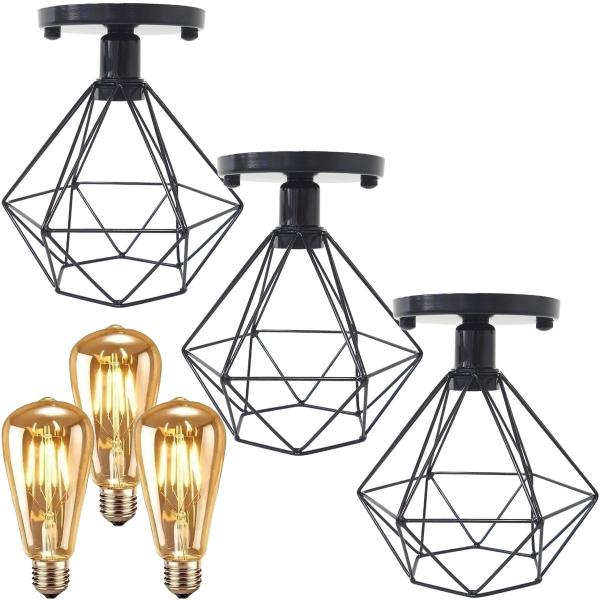 Imagem de 3 Lustres Teto Plafon + 3 Lâmpadas Led St64 Industrial Aramado Diamante Retrô Vintage Preto