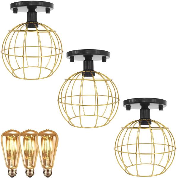 Imagem de 3 Lustres Teto Plafon + 3 Lâmpadas Led St64 Industrial Aramado Globo Dourado Retrô Vintage Preto