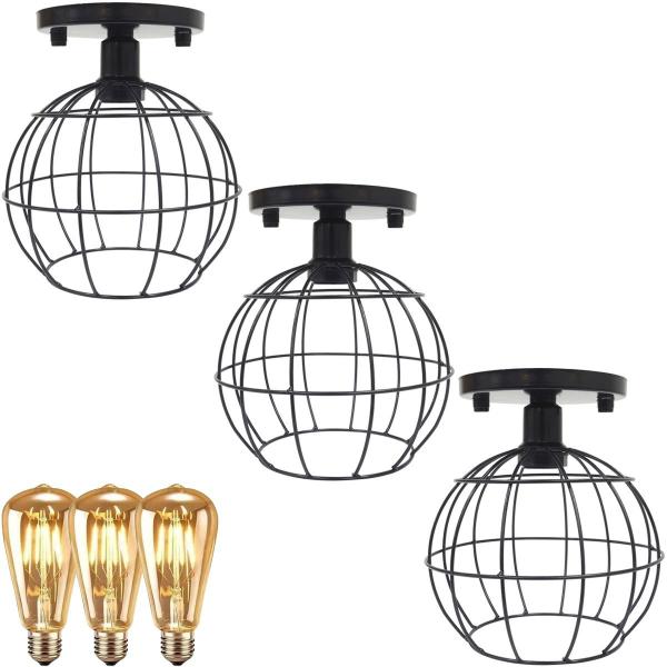 Imagem de 3 Lustres Teto Plafon + 3 Lâmpadas Led St64 Industrial Aramado Globo Retrô Vintage Preto