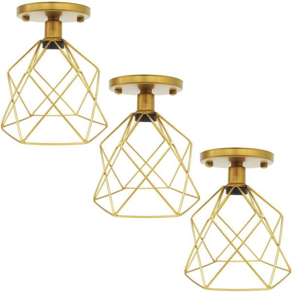 Imagem de 3 Lustres Teto Plafon Industrial Aramado Cálice Retrô Luminária Sobrepor Vintage Dourado Agp Ilumini