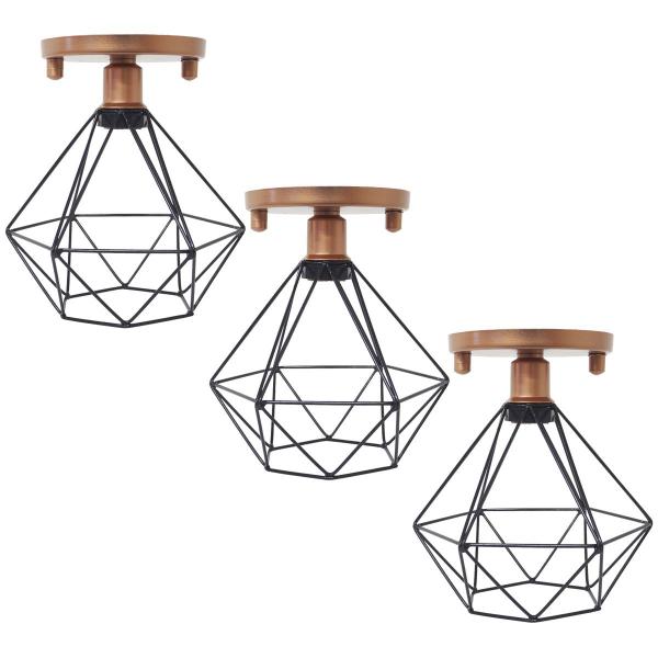 Imagem de 3 Lustres Teto Plafon Industrial Aramado Diamante Preto Retrô Luminária Vintage Cobre Rose Agp Ilumi