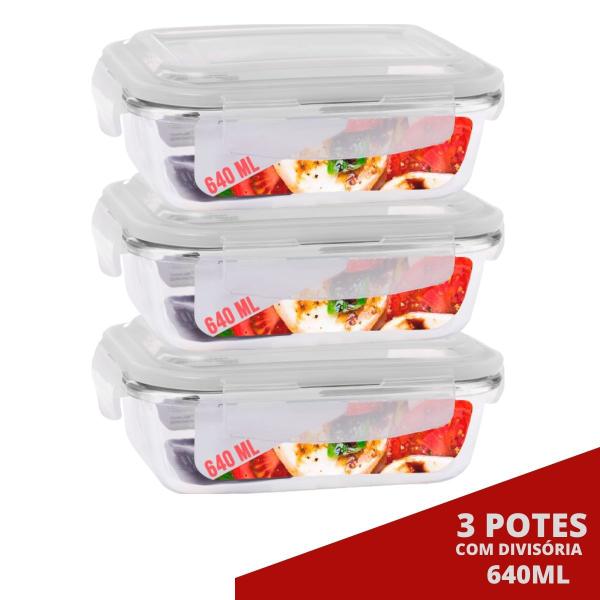 3 Marmita de Vidro 640ML c/ Divisória e Tampa Hermética - QUALITY HOUSE / PRATICASA Imagem de 3 Marmita de Vidro 640ML c/ Divisória e Tampa Hermética