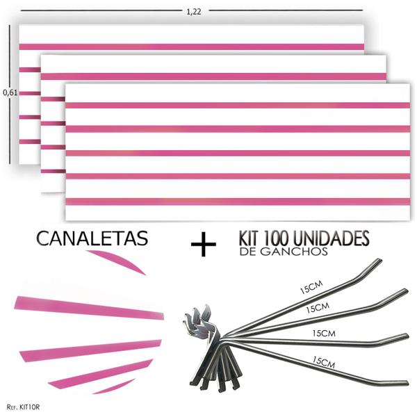 Imagem de 3 Paineis Canaletados -1,22 x 0,61 + 100 Ganchos 15cm + Canaleta Rosa