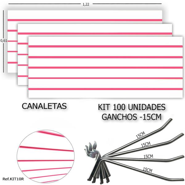 Imagem de 3 Paineis Canaletados -1,22 x 0,61 + 100 Ganchos 15cm + Canaleta Rosa