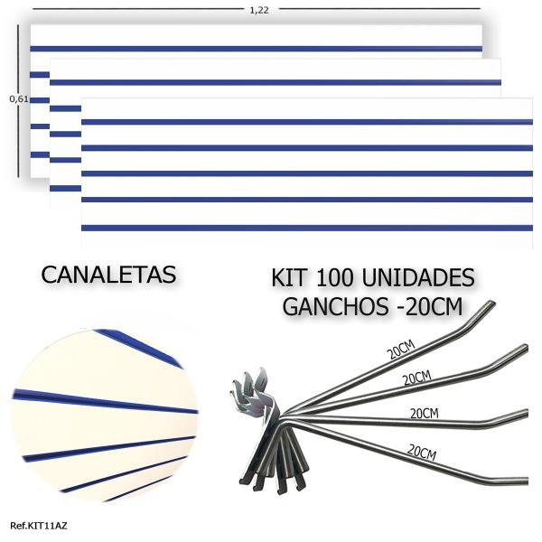 Imagem de 3 Paineis Canaletados - 1,22 X 0,61 + 100 Ganchos 20CM + Canaleta Azul