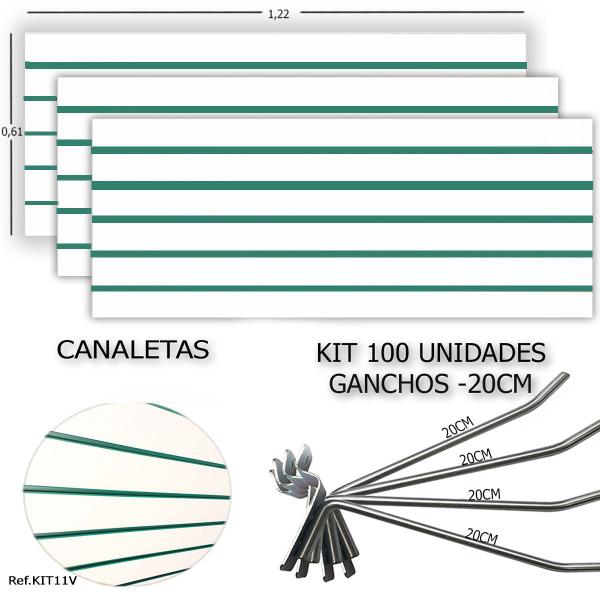 Imagem de 3 Paineis Canaletados - 1,22 X 0,61 + 100 Ganchos 20CM + Canaleta Verde