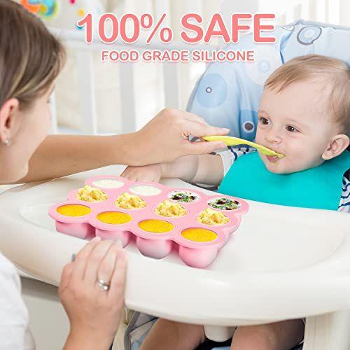 Imagem de 3 PCes Baby Food Storage Container 12 xícara de silicone Baby Food Freezer Tray com tampa empilhável Silicone Baby Food Freezer Bandeja de armazenamento para alimentos Vegetais Fruit Puree e leite materno (rosa)